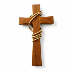 a hand made a wooden cross with rope wrapped around isolated on the white background