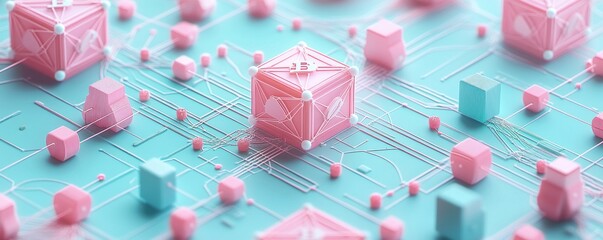 Poster - Abstract close-up of colorful cubes on a digital circuit, blending technology and creativity in a visually striking manner.