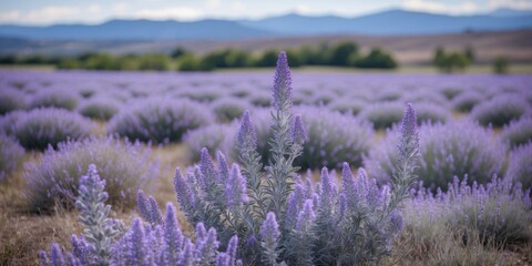 Poster - Purple Blooming Sage Field with Expansive Copy Space for Text and Scenic Mountain Background