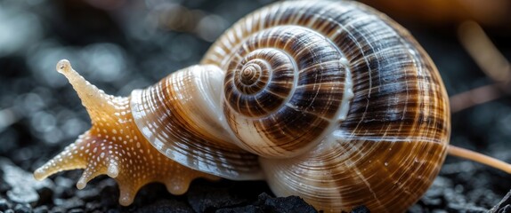 Poster - Close-up of a delicate detached snail shell showcasing intricate patterns and textures against a blurred natural background.