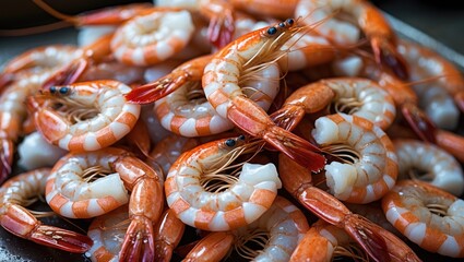 Poster - Freshly Caught Prawns Displayed in a Pile Perfect for Seafood Dishes and Culinary Presentations