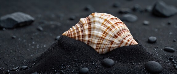 Poster - seashell resting on smooth black volcanic sand with pebbles creating a serene coastal atmosphere and