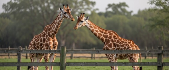 Wall Mural - Two giraffes interacting playfully near a wooden fence in a serene outdoor setting surrounded by greenery and trees.