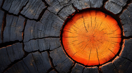 Poster - Close-up of a tree stump featuring a vibrant orange center surrounded by dark, textured bark, highlighting natural contrasts