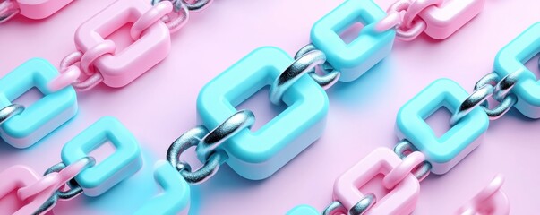 Poster - A colorful arrangement of interlocking pink and blue plastic links against a soft pink background, showcasing a playful and modern design.