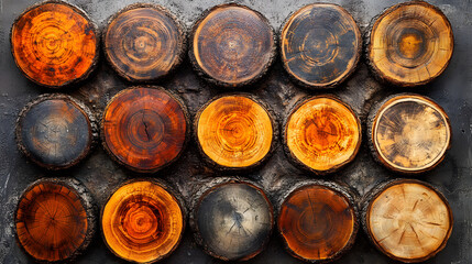 Poster - Wooden slices arranged in a grid, showcasing different textures and colors, ideal for rustic decor or natural themes