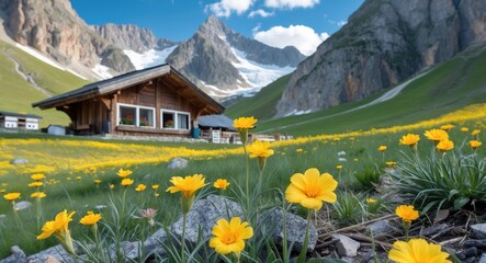 Poster - Alpine Meadow with Vibrant Yellow Wildflowers and Wooden Cabin set Against Majestic Mountain Range and Clear Blue Sky