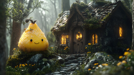 Poster - A whimsical yellow pear character stands beside a cozy, illuminated cottage in a serene forest setting
