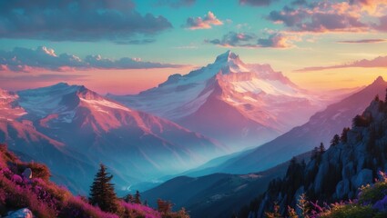 Wall Mural - majestic mountain panorama at sunset with vibrant colors and serene valley view captured from a peak