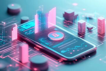Poster - A futuristic smartphone displays cryptocurrency data, surrounded by digital graphs and currency symbols, representing blockchain technology.