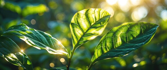 Poster - illuminated green leaves showcasing intricate patterns of light and shadow during a serene natural s