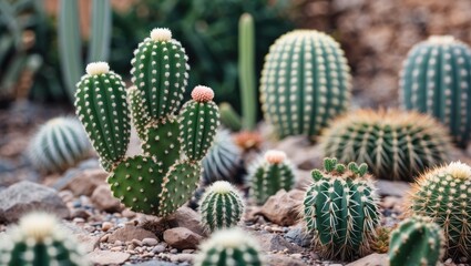 Poster - Diverse Cactus Landscape Featuring Green Stapelia Grandiflora Among Other Species in a Vibrant Natural Setting with Space for Text