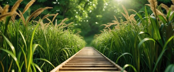 Poster - Wooden pathway through lush green grass and tall plants leading into a serene forest setting with dappled sunlight filtering through trees.