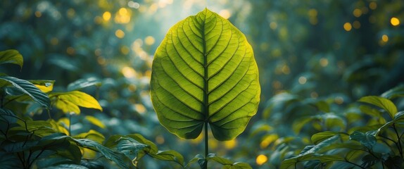 Poster - Lush green leaf standing tall amidst foliage illuminated by soft sunlight in a serene forest setting showcasing nature's beauty.