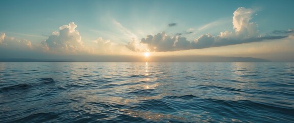 Poster - tranquil ocean horizon at sunset with soft waves under a sky filled with clouds and warm light refle