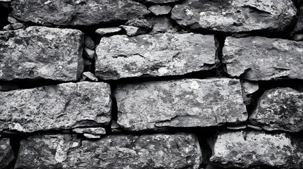 Poster - Textured stone wall showcasing rough, uneven stones in shades of gray and black, ideal for backgrounds or architectural themes