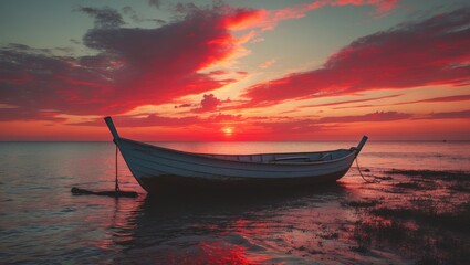 Wall Mural - Lonely vintage boat at sunset with dramatic red sky and calm waters creating serene atmosphere and ample copy space for text.