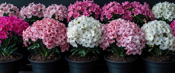 Wall Mural - Vibrant row of potted pink and white flowers in black pots on a stylish dark surface showcasing floral elegance and gardening beauty.