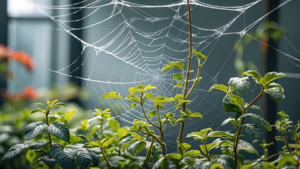 Poster - Closeup of green plants adorned with a delicate spider web glistening in natural light showcasing nature's intricate beauty.