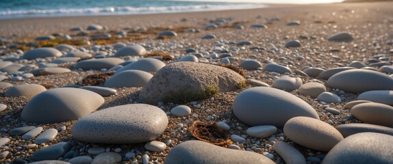 Poster - pebble beach landscape with smooth stones and gentle waves under soft sunlight creating a serene coa