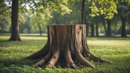 Poster - Tree stump in a tranquil park setting surrounded by lush green foliage and sunlight filtering through the trees.