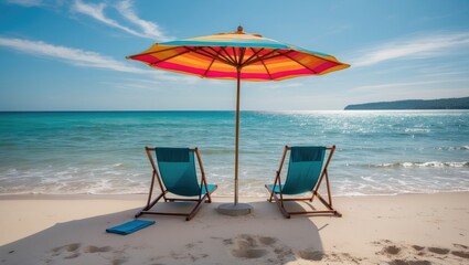 Poster - vibrant beach umbrella providing shade on a sandy shore by the sparkling sea, ideal for a relaxing c