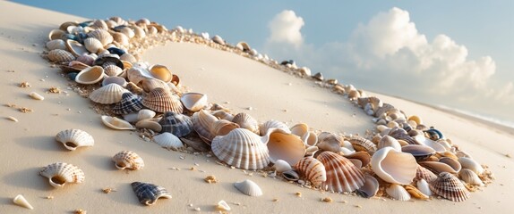 Poster - heart shape created from various seashells on sandy beach with soft clouds in the background showcas