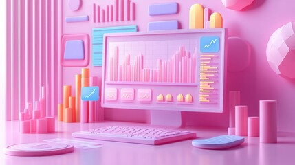 Poster - A vibrant pink-themed workspace featuring a computer with colorful graphs, pastel accents, and 3D elements, evoking a modern, playful aesthetic.