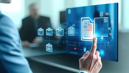 Poster - a business professional interacting with a digital interface showcasing document files and data visu