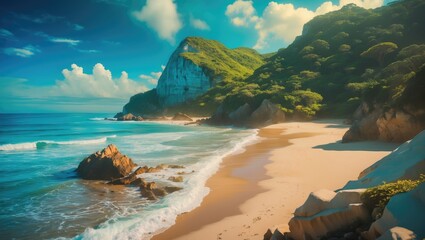 Poster - serene coastal landscape with lush greenery and rock formations under a blue sky