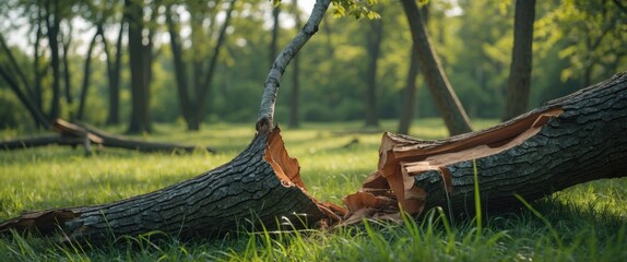 Wall Mural - Closeup of a broken tree trunk resting on lush green grass in a tranquil forest setting with ample space for text overlay.