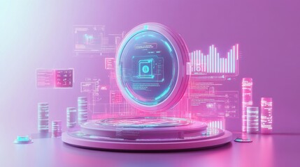 Poster - a futuristic display with a glowing, circular interface, featuring holographic data visualizations a