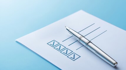Poster - A silver pen rests on a checklist with check marks on a light blue background.