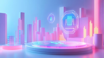 Poster - A futuristic urban landscape with glowing buildings and holographic elements, showcasing a vibrant, high-tech environment.