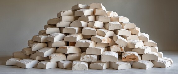 Poster - Aesthetic pile of white light bricks arranged artistically on a minimalistic background for construction and design concepts.