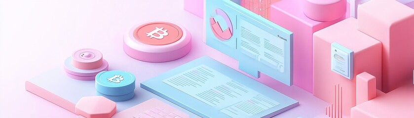 Poster - A colorful 3D illustration featuring abstract shapes, charts, and icons, suggesting themes of finance, data, and digital technology.
