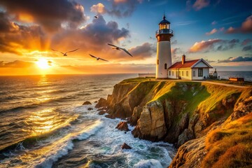 Wall Mural - Rustic Old Lighthouse on Rocky Coastline at Sunset - Candid Coastal Photography