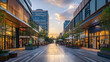 © Phatharaporn - Evening view of a modern city street with shops and restaurants, warm sunset lighting, people strolling, and urban architecture.