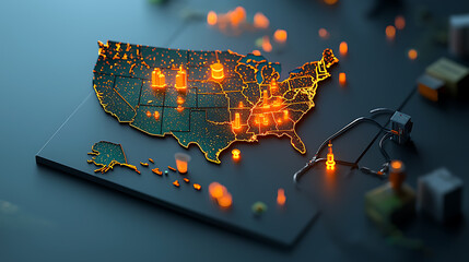Poster - Illuminated map visualization of the united states digital data representation urban environment high-tech perspective geographic insights