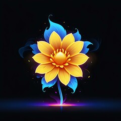 magical glowing yellow and blue fantasy flower on black background with luminous effects perfect for
