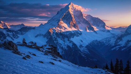 Wall Mural - Majestic Alpine Landscape at Dusk with Snow-Capped Peaks and Dramatic Sky Illuminated by Twilight Colors