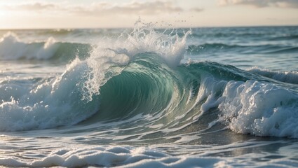 Wall Mural - Closeup view of ocean waves crashing gently on the shoreline during sunset highlighting the beauty of nature's water patterns