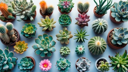 Canvas Print - Diverse Collection of Succulents and Cacti in Various Pots Captured from Above with Vibrant Colors and Unique Textures