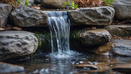 Poster - Serene close-up of a small waterfall cascading over rocks into a tranquil pond surrounded by lush greenery and natural textures