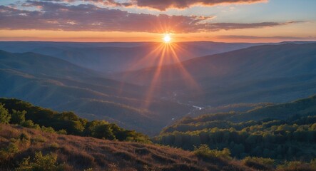 Poster - serene valley sunset with rays of sunlight piercing through clouds over rolling hills and expansive 