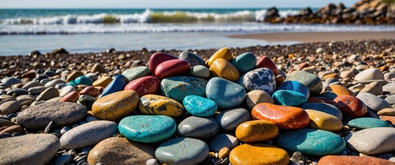 Poster - colorful pebbles arranged on a beach shore with waves in the background creating a serene coastal la
