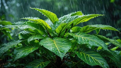 Wall Mural - Lush green plant leaves glistening with raindrops in a rainy season forest setting creating a serene and refreshing natural ambiance.