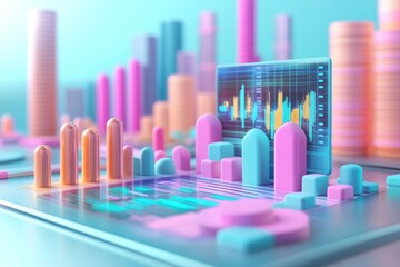 Poster - A colorful digital display of graphs and bar charts representing data analytics and financial trends.