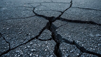 Cracked asphalt texture background showcasing detailed fissures suitable for urban design or construction themes.