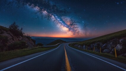 Wall Mural - winding road under stunning milky way galaxy at dawn in scenic landscape astrophotography image